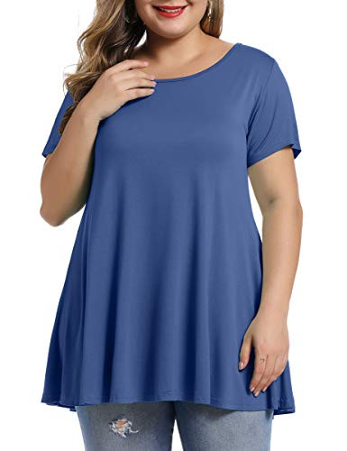 MONNURO Womens Short Sleeve Casual Loose Fit Flare Swing Tunic Tops Basic T-Shirt Plus SizeSteel Blue5X