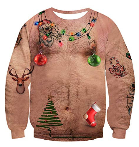 Mens Christmas Sweater Hairy Chest Novelty 3D Digital X-mas Sweatshirt Tops Funny Xmas Clothes Long Sleeve 3XL