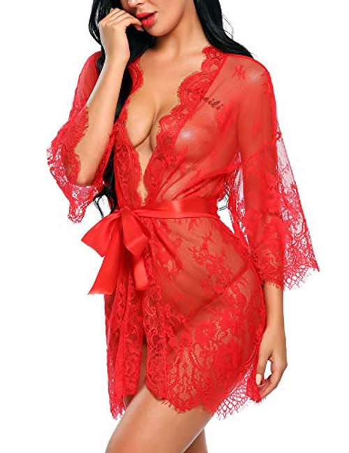 Avidlove red Robe Womens Lace Kimono Robe Babydoll Lingerie Mesh Nightgown Red XL Avidlove red Robe Womens Lace Kimono Robe Babydoll Lingerie Mesh Nightgown Red XL