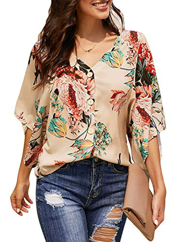 Womens Summer Tops Floral Chiffon Blouses Spring Boho Tops for Women 2019 Work Casual Button Down Short Sleeve Kimono Blouse L Apricot