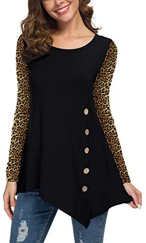 VIISHOW Womens Button up Leopard Print Long Sleeve T-Shirt Casual Blouse Tunic Tops Leopard Print Black M