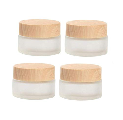 Healthcom 4 PCS 50 Grams50 ML Empty Jars Frosted Glass Cosmetic Cream Jar Bottle Wood Grain Lid Cosmetic Container Glass Cream Box Refillable Glass Lotion Cream Pot for Makeup Lip Balm Eyeshadow