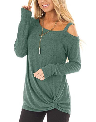 ZILIN Womens Cold Shoulder Casual Solid T-Shirt Knot Twist Front Tunic Blouse Tops Green