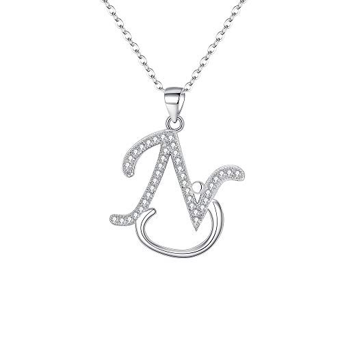 EVER FAITH 925 Sterling Silver CZ Cursive Initial Alphabet Letter N Adjustable Pendant Necklace Clear EVER FAITH 925 Sterling Silver CZ Cursive Initial Alphabet Letter N Adjustable Pendant Necklace Clear