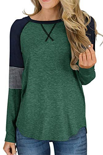 ANFTFH Women Striped Color Block Shirt Round Neck Tunic Tops Casual Long Sleeve Shirts for Women Green M