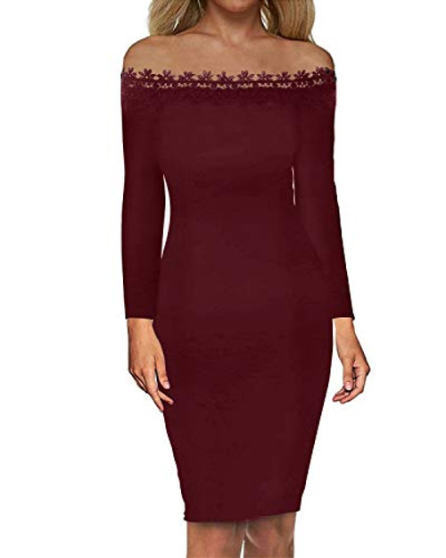 Auxo Women Off The Shoulder Floral Lace Long Sleeve Vintage Cocktail Party Dress Prom Dresses B-Wine Red M