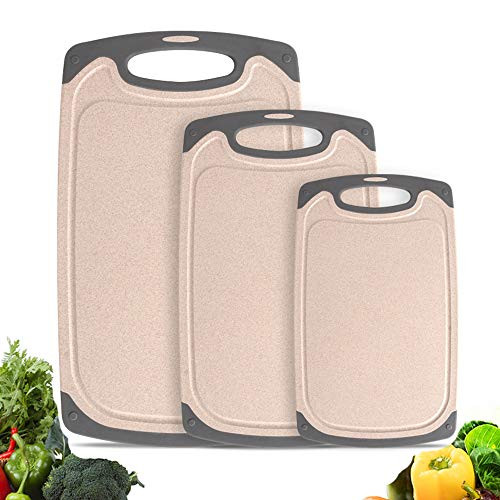 Plastic Cutting Board for KitchenHaomacro Cutting Board BPA Free Non Slip Juice Grooves Dishwasher Safe Non Porous Set of 3 Chopping Boards Easy Grip Handle Easy To Clean Beige