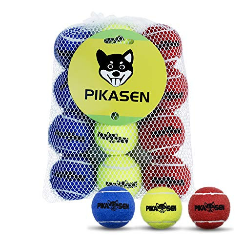 PIKASEN Dog Squeaky Tennis Balls for Pet Playing in 3 Sizes Premium Strong Dog   Puppy Balls for Training Play Exercise The Easiest Color for Dogs Red Yellow Blue Medium-12pack
