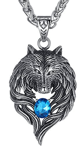 Aoiy Mens Stainless Steel Tribal Wolf Biker Pendant Necklace Blue 24 Link Chain aap059la