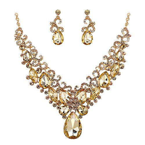 BriLove Costume Fashion Necklace Earrings Jewelry Set for Women Crystal Teardrop Marquise Butterfly Filigree Enamel Statement Necklace Dangle Earrings Set Champagne Gold-Toned BriLove Costume Fashion Necklace Earrings Jewelry Set for Women Crystal Teardrop Marquise Butterfly Filigree Enamel Statement Necklace Dangle Earrings Set Champagne Gold-Toned
