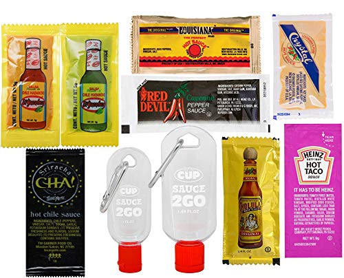 By The Cup Hot Sauce Packet Variety Louisiana Franks Texas Pete Cholula El Yucateco Crystal Red Devil Heinz 8 Great Sauces 80 Packets with 2 By The Cup Sauce 2 Go Keychains