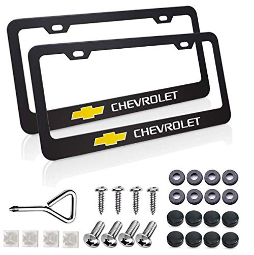 2 Pcs Car License Plate Frames for Chevrolet Black Aluminum Alloy Licenses Plate Covers Holders Frames with Chevrolet Emblem Printed Car Licence Plate Frame for Chevy Vehicle with Screw Caps Cover