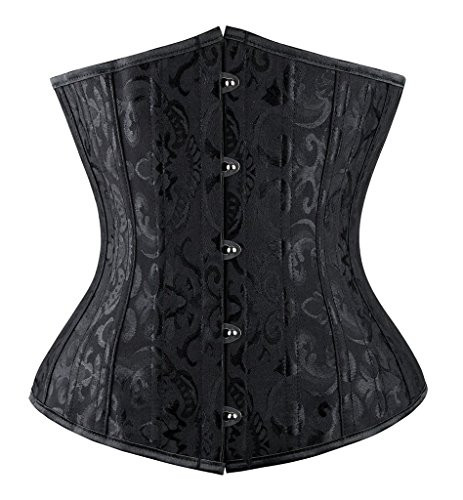 Everbellus Womens 24 Spiral Steel Boned Satin Underbust Waist Training Brocade Corset Black M