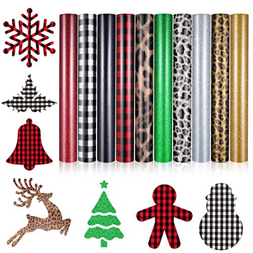 10 Sheets Christmas Buffalo Plaid Heat Transfer Vinyl Leopard Print HTV Vinyl PU Glitter Heat Transfer Vinyl Adhesive Iron-on Vinyl Clothing Patches Sheets for T-Shirt Hat Bag Pillow 12 x 10 Inch
