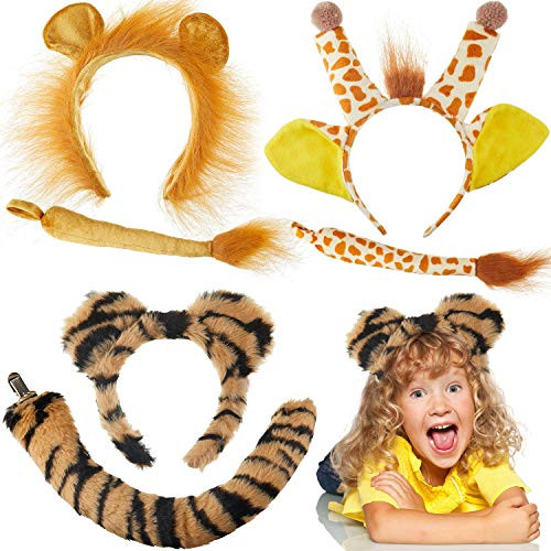 3 Sets Halloween Animal Ear Headband and Tail Costume Kids Lion Giraffe Tiger Ears Headband Tails Costume Accessory for Halloween Kids and Women Cosplay