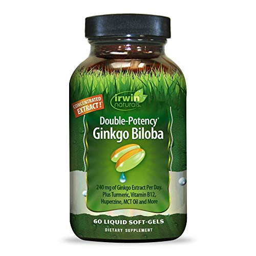 Irwin Natural Double-Potency Gingko Biloba 240mg Extra Strength Brain Health Supplement - Enhance Memory Mental Focus Alertness Concentration   Herbal Energy Booster - 60 Liquid Softgels