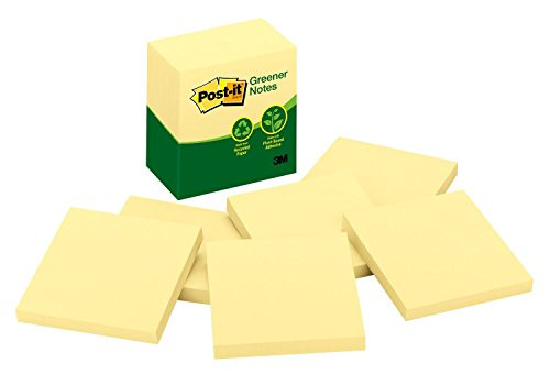 Post-it Greener Notes, 3 in x 3 in, Canary Yellow, 6 Pads/Pack (5416-RP-Y)