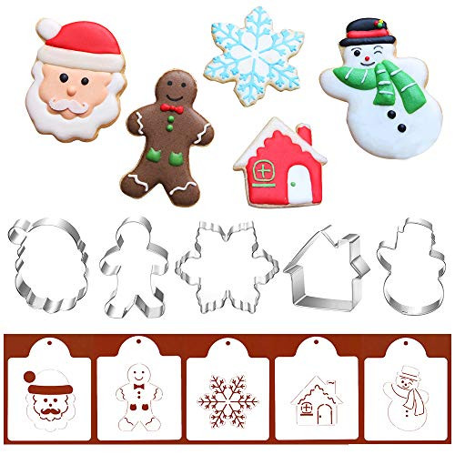 Christmas Cookie Cutters with Matching Cookie Stencils - Set of 10-5Pcs Cookie Cutter and 5Pcs Stencils Include Snowflake Snow House Santa Face Gingerbread Man and Snowman