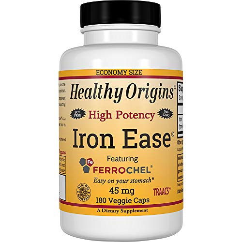 Healthy Origins Iron Ease 45 mg Featuring Albion Ferrochel Non-GMO High Potency Ferrous Bisglycinate Chelate 180 Veggie Caps