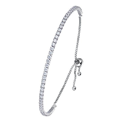 Kaletine Tennis Bangle Bracelet Sterling Silver 925 Cubic Zirconia Adjustable Anchor Chain 10 Ball ClaspWhite