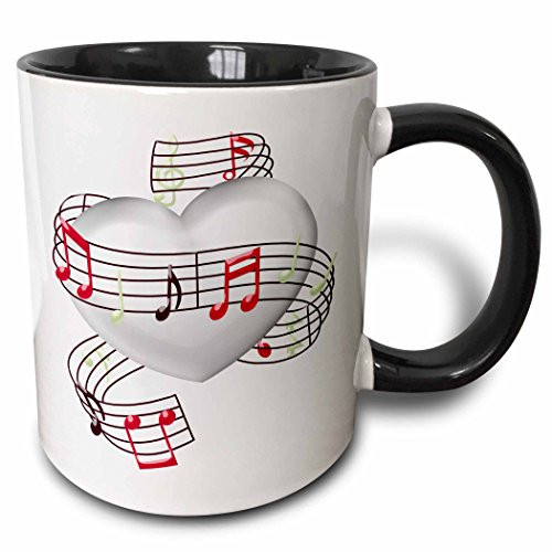 3dRose 222681_4""Musical Notes Wrapped Around A Heart Illustration" Two Tone Mug 11 oz Black