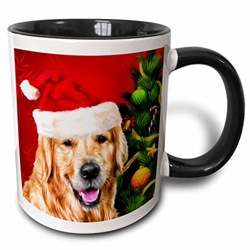 3dRose 223361_4""Golden Retriever Dog in a Santa Hat with Christmas Tree Painting" Two Tone Mug 11 oz Black