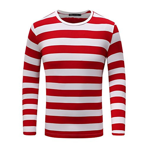 OThread   Co_ Mens Long Sleeve Striped T-Shirt Basic Crew Neck Shirts Medium Red White