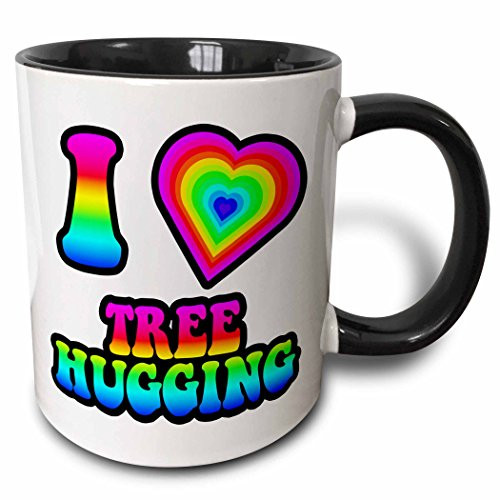 3dRose 217522_4 Groovy Hippie Rainbow I Heart Love Tree Huggers Two Tone Black Mug 11 oz