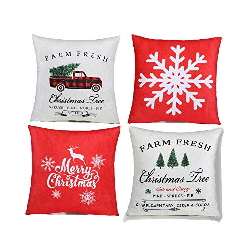 Christmas Pillow Covers 18x18 Inch Set of 4 Double Sided Christmas Red Cushion Covers Marry Bright Christmas Decorative Throw Pillow Covers Winter Holiday Decorations for Bed Couch Living Room