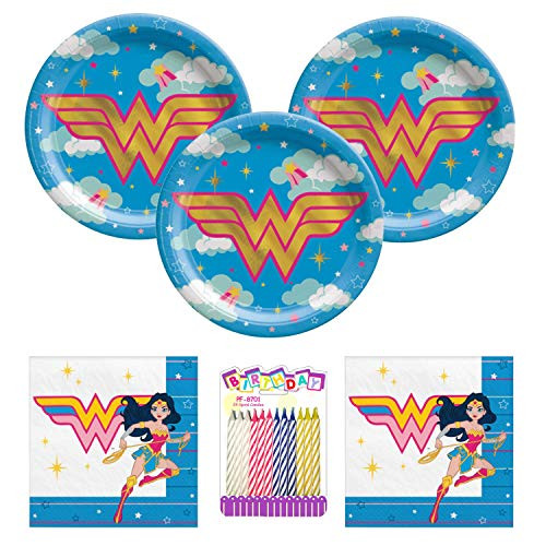 Young DC Wonder Woman Party Supplies Pack Serves 16 Dessert Plate and Luncheon Napkins with Birthday Candles Bundle for 16 Young DC Wonder Woman Party Supplies Pack Serves 16 Dessert Plate and Luncheon Napkins with Birthday Candles Bundle for 16