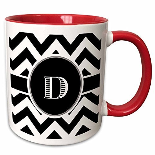 3dRose 222066_5 Black And White Chevron Monogram Initial D Two Tone Red Mug 11 oz