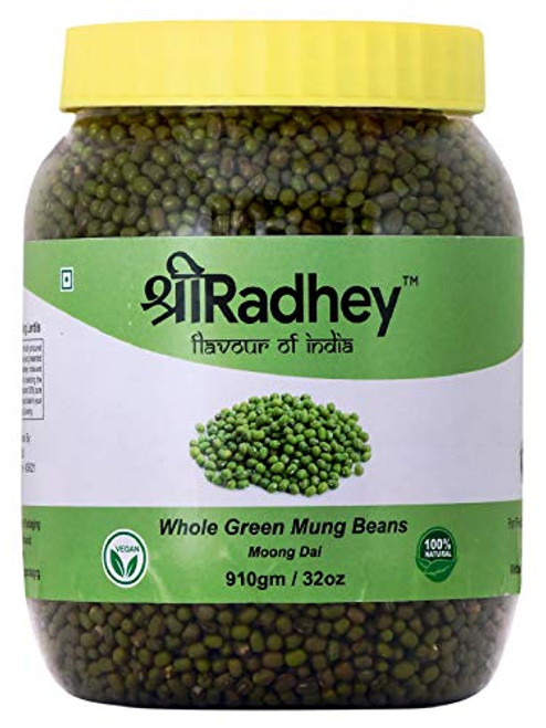 Shree Radhey - Indian Whole Green Mung Lentils - Protein   Fiber Rich Moong Dal Whole 2 Pound  32 oz 910 gm All Natural  Vegan  Indian Origin  PET Jar