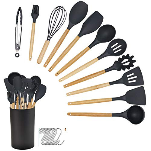 Kitchen Utensil Set Silicone Cooking Utensils - Yooda 12Pcs Kitchen Utensils Tools Wooden Handle Spoons Silicone Utensil Set Spatulas Set Cookware Turner Tongs Whisk Kitchen Gadgets with Holder