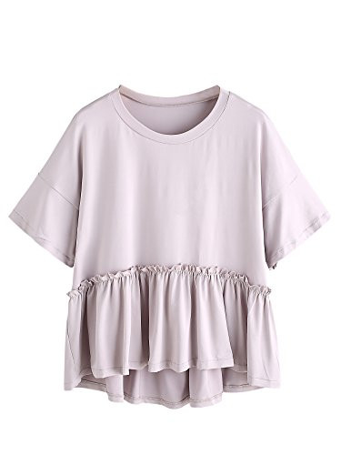 Romwe Womens Loose Ruffle Hem Short Sleeve High Low Peplum Blouse Top Grey XL