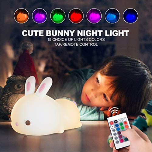 Kids Bunny Night Lights Cute Lamp Silicone Baby Night LightColor Changing Led Nightlight with Touch Sensor and Remote Control for Kids Children Toddler Baby Girls
