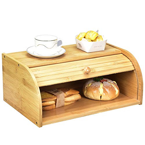 Hossejoy Bamboo Bread Box Countertop Bread Storage Roll Top Bread Boxes Wooden Bread Storage Bin for your Kitchen Counter Self Assembly