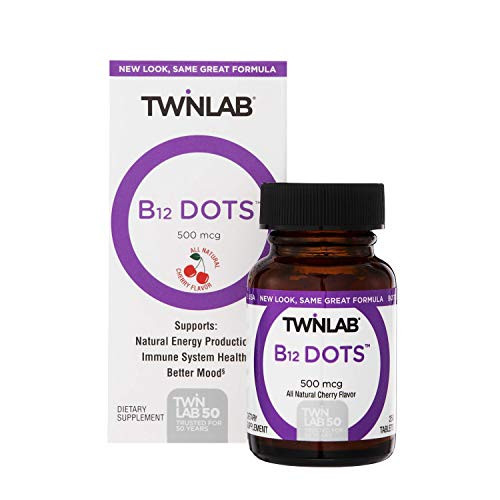 Twinlab B-12 Vitamin Supplement 500 MCG Dots - Fast-Dissolve Cherry Tablets - Mood Support Nerve Cell Health Natural Energy Formula - Vegetarian B12 Supplements - 250 B Vitamins Lozenges