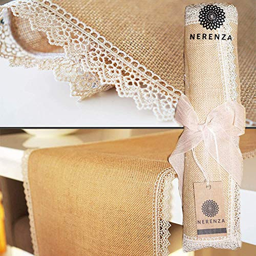NERENZA Burlap Table Runner with Lace - Farmhouse Table Runner - Natural Jute Runner - Thanksgiving Table Decorations - Rustic Wedding Decorations - 13 X 108 NERENZA Burlap Table Runner with Lace - Farmhouse Table Runner - Natural Jute Runner - Thanksgiving Table Decorations - Rustic Wedding Decorations - 13 X 108
