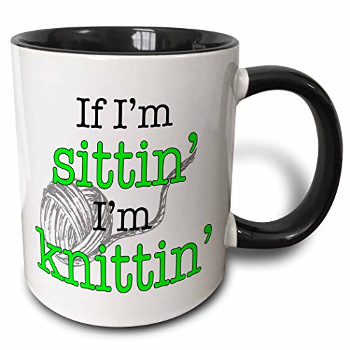 3dRose mug_193226_4 If I'm sitting I'm knitting, Lime Green - Two Tone Black Mug, 11oz