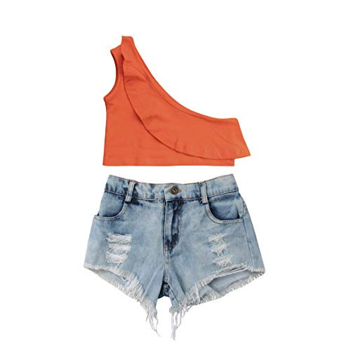 Ambabe Toddler Baby Girl Summer Clothes Ruffle Collar One Shoulder Crop Top T-ShirtRipped Denim Shorts 2PCS Outfit Set 3T  4T