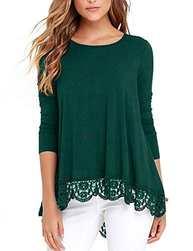 DOSWODE Womens Tops Long Sleeve Lace Trim O-Neck A-Line Tunic Blouse Shirts Green M