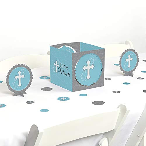 Big Dot of Happiness Little Miracle Boy Blue & Gray Cross - Baptism or Baby Shower Centerpiece and Table Decoration Kit