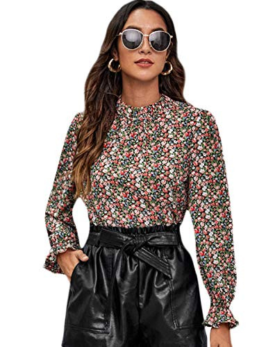 Romwe Womens Leopard Print Flounce Long Sleeve Mock Neck Workwear Blouse Tops Black and Pink M