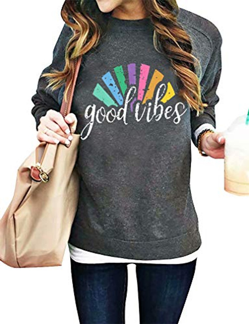 Good Vibes Sweatshirts Women Long Sleeve Crewneck Pullover Shirts Casual Loose Blouse Tops Dark Gray Good Vibes Sweatshirts Women Long Sleeve Crewneck Pullover Shirts Casual Loose Blouse Tops Dark Gray