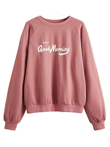 SweatyRocks Womens Casual Graphic Print Long Sleeve Crew Neck Pullover Sweatshirt Tops Dusty Pink M