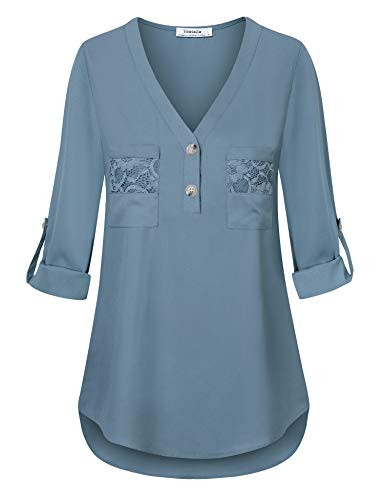 Youtalia Women Blouses for Work Ladies Tops Long Sleeve V Neck Chiffon Blouse Pleat Shirt Curved Hem Relaxed Fit Flowy Blouse Tops Blue Grey Medium