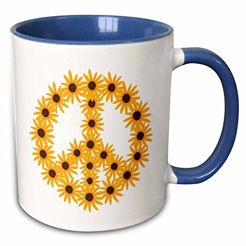 3dRose mug_44547_6 "Yellow Orange Sunflowers Peace Sign" Two Tone Blue Mug, 11 oz, Multicolor