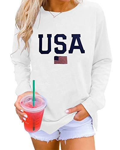 Dressmine Womens Casual USA Letter Printed Long Sleeve Crew Neck Sweatshirt Pullover Tops Graphic Tee Shirts White Large