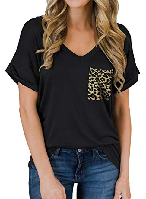 MIHOLL Womens Short Sleeve V-Neck Shirts Loose Casual Tee T-Shirt Leopard- Black Large
