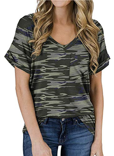MIHOLL Womens Short Sleeve V-Neck Shirts Loose Casual Tee T-Shirt B- Army Green XX-Large
